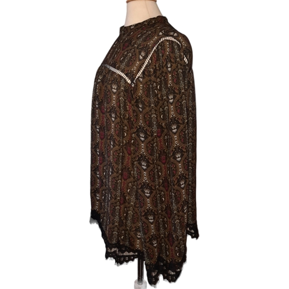 MAX STUDIO High Neck Lace Trimmed Baroque Print Keyhole Back Blouse Sz XL Multi - Picture 4 of 9